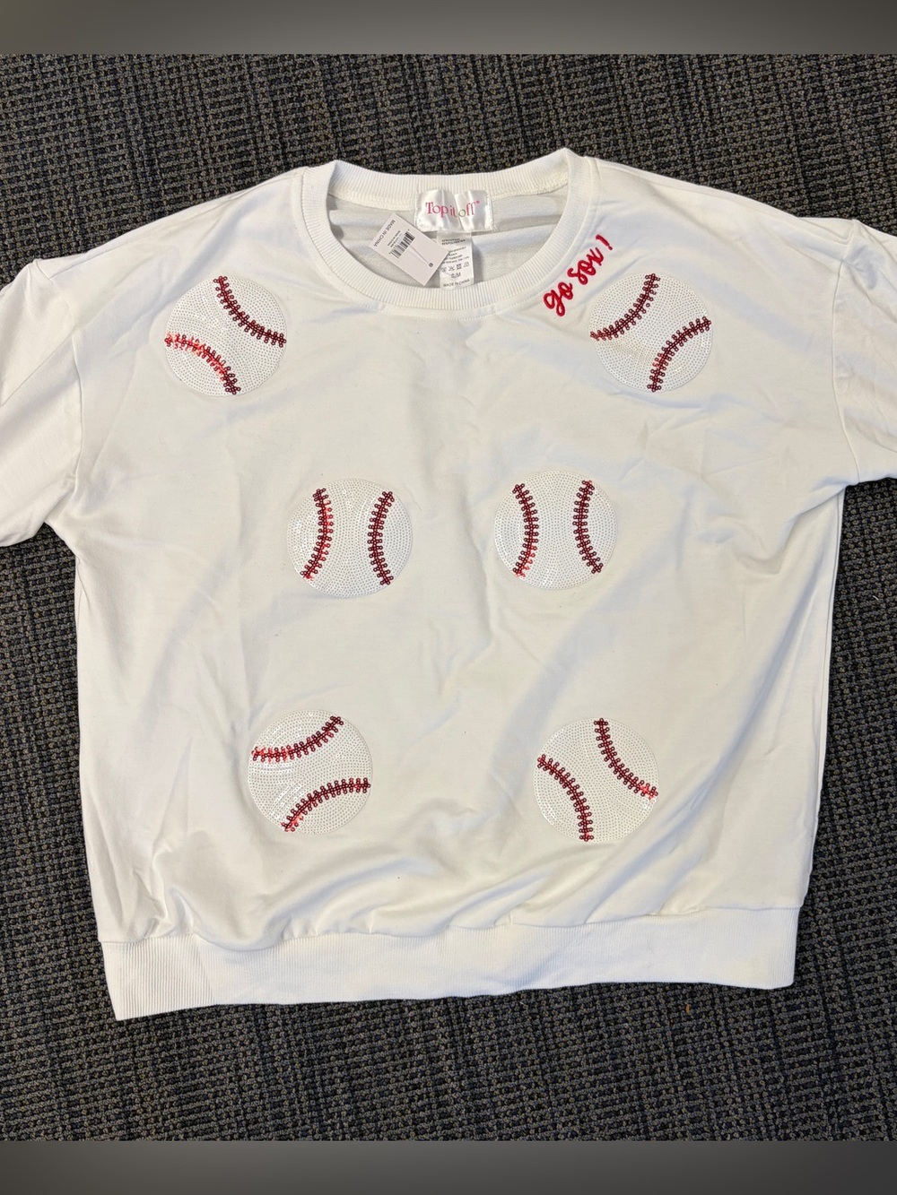 White Sequin Baseball Go Sox Lightweight French Terry Sweatshirt NWT